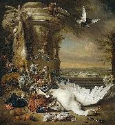 Jan Weenix A monkey and a dog beside dead game and fruit, with the estate of Rijxdorp near Wassenaar in the background painting